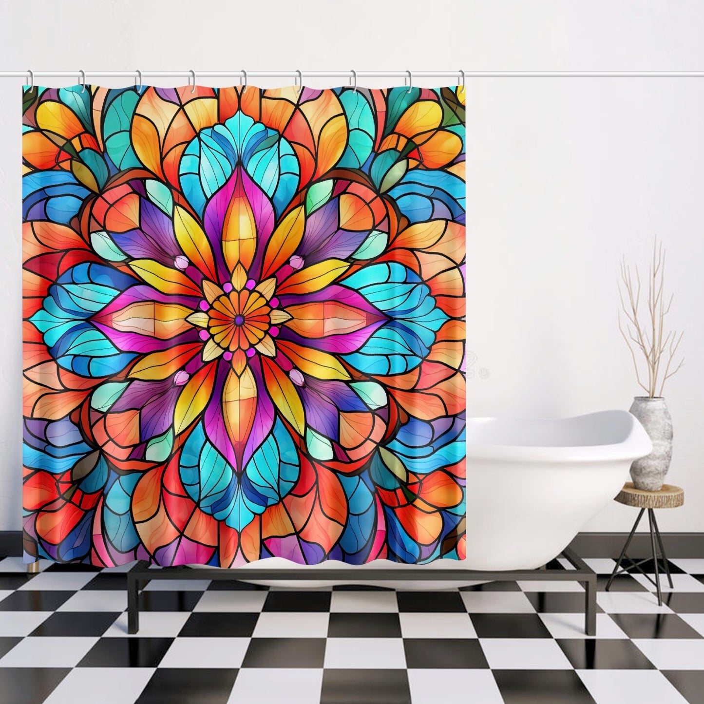 Bright colorful Stained glass look  Quick-drying Shower Curtain, floral, bathtub, stall shower curtain