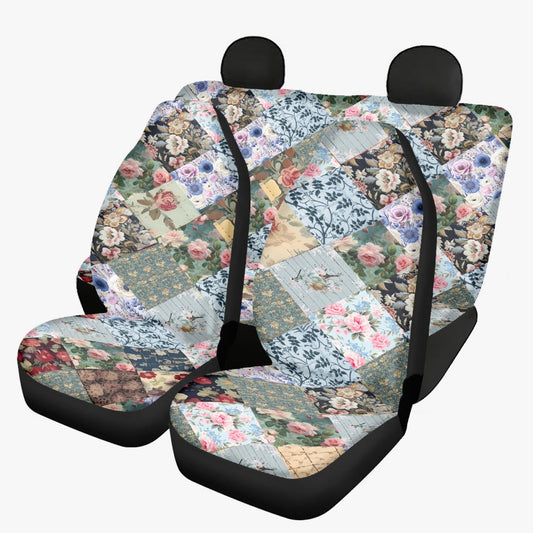 Blue floral Patchwork (PRINTED ONLY LOOK) Car Seat Covers - 3Pcs, vintage inspired, Shabby chic , auto cat seat covers, new car gift