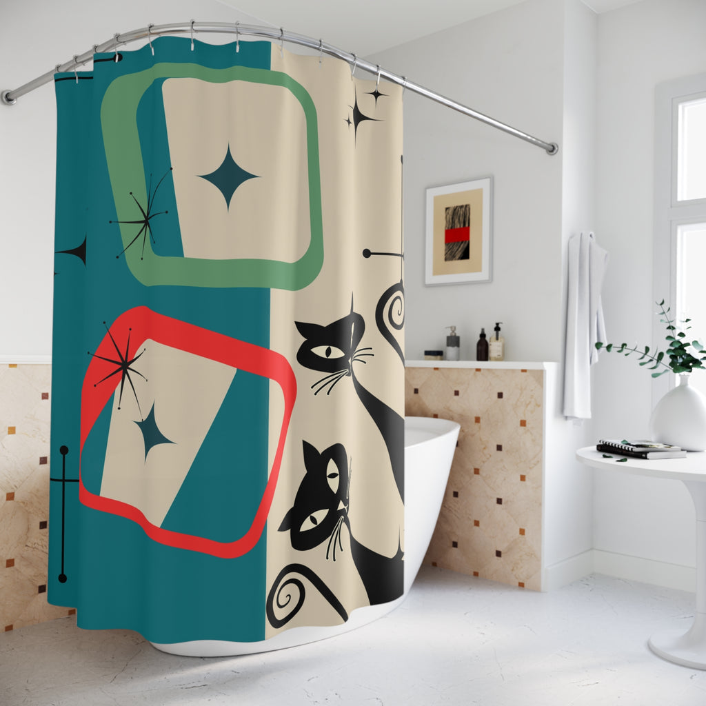 Mid-Century Modern Cat Shower Curtain — Retro Atomic Starburst Bathroom Decor
