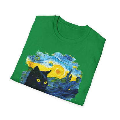 Cute black Cat with Van Gogh inspired Unisex Softstyle T-Shirt