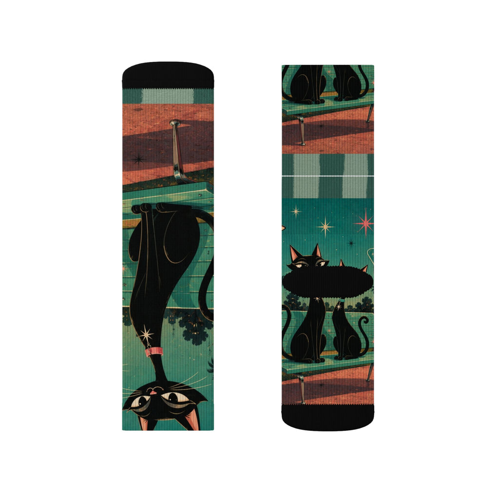 Retro Atomic Black Cats Socks | Teal Night Cat Pattern Sublimation Socks