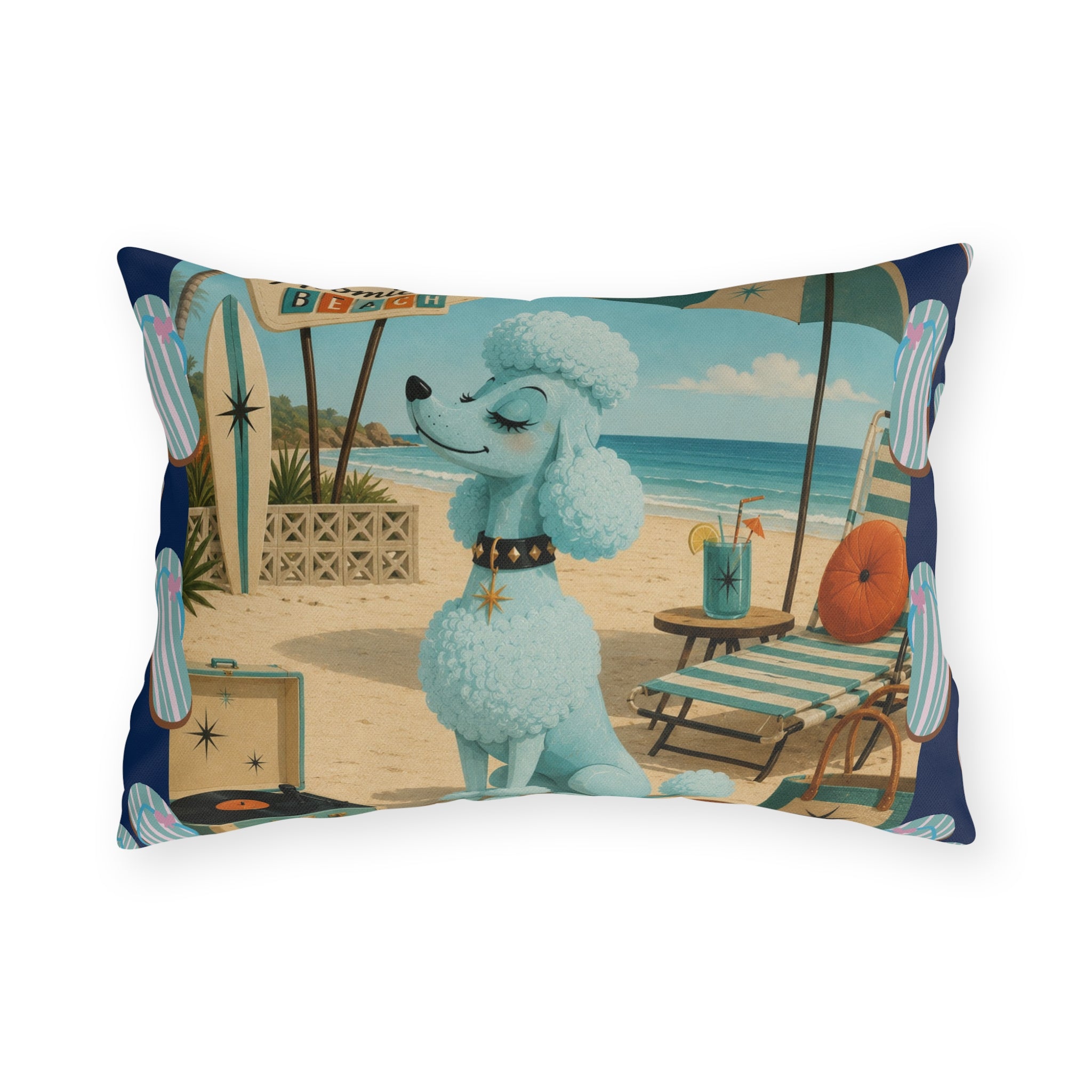 Retro Atomic Beach Blue Poodle Outdoor Pillow | Mid Century Coastal Decor