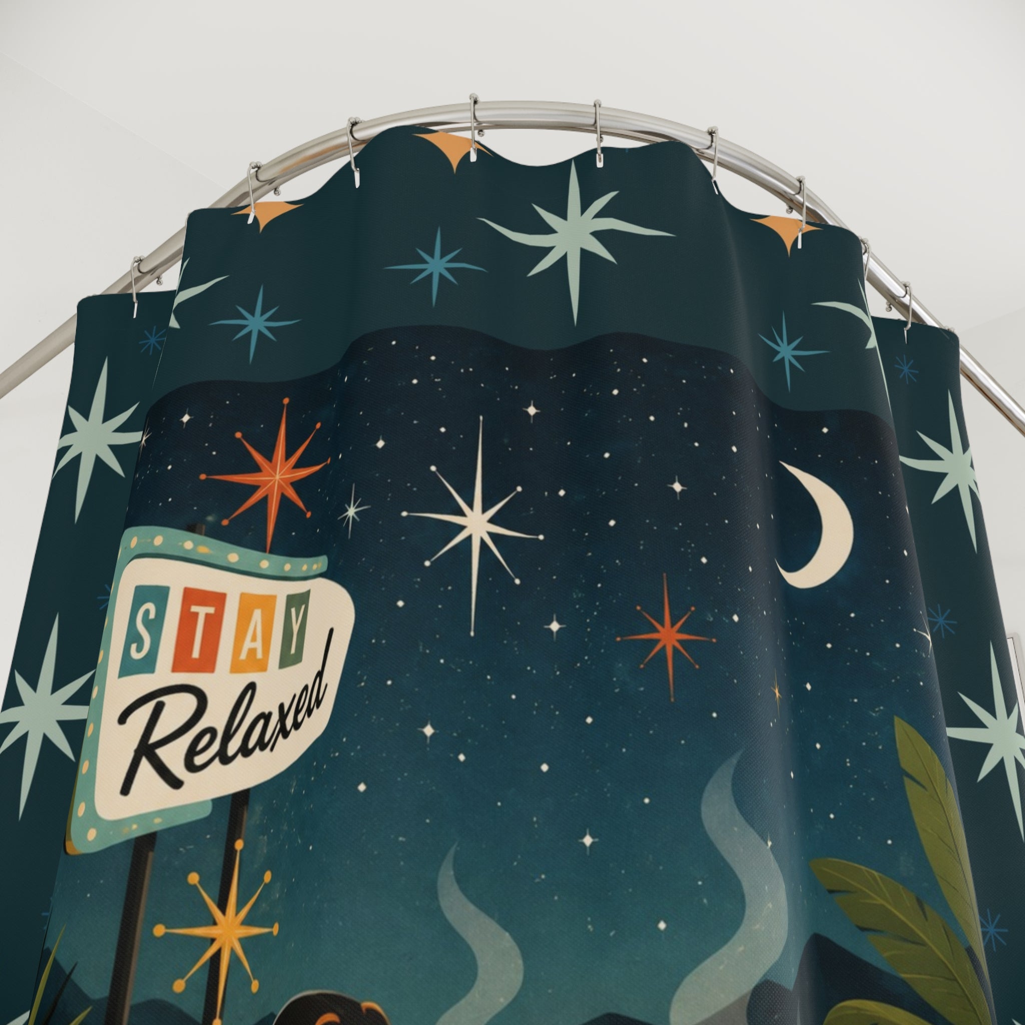MCM Dachshund Stay Relaxed Retro Bath Scene Shower Curtain | Mid Century Night Soak