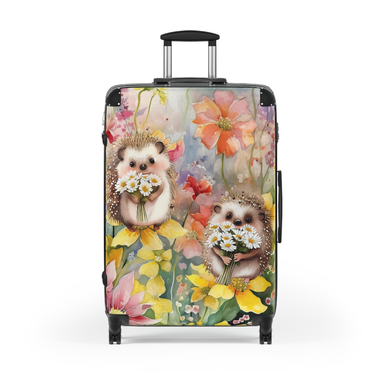 Cute wildflowers and hedgehog Suitcase on wheels, roller case, travel luggage, hard shell suitcase, secure lockable design