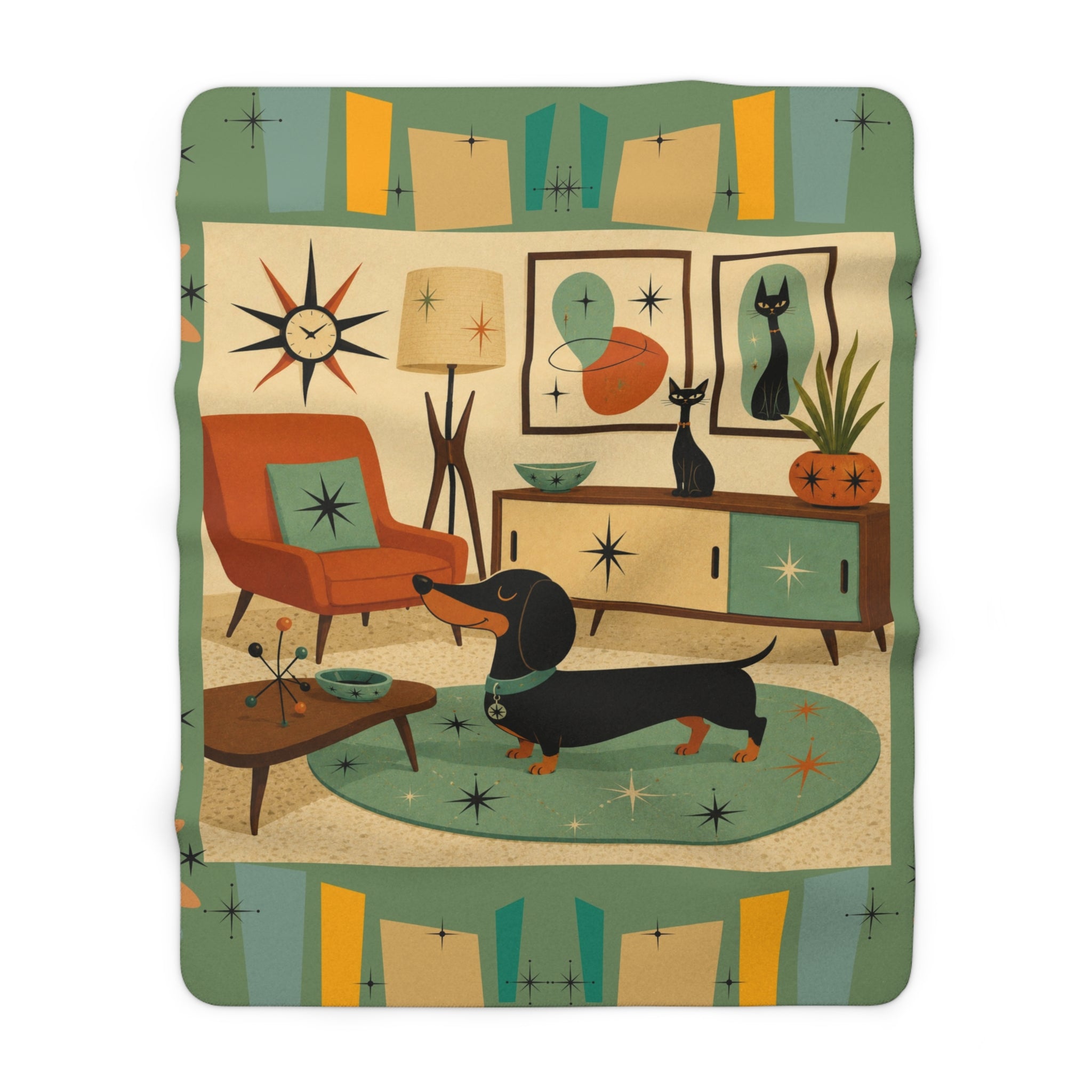 Mid Century Dachshund Living Room Sherpa Fleece Blanket | Retro Atomic Home