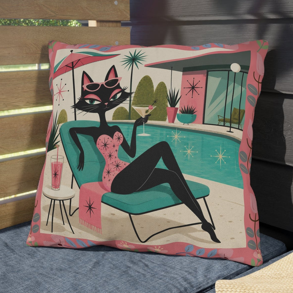 Retro Poolside Cat Outdoor Pillow | Mid Century Modern Cocktail