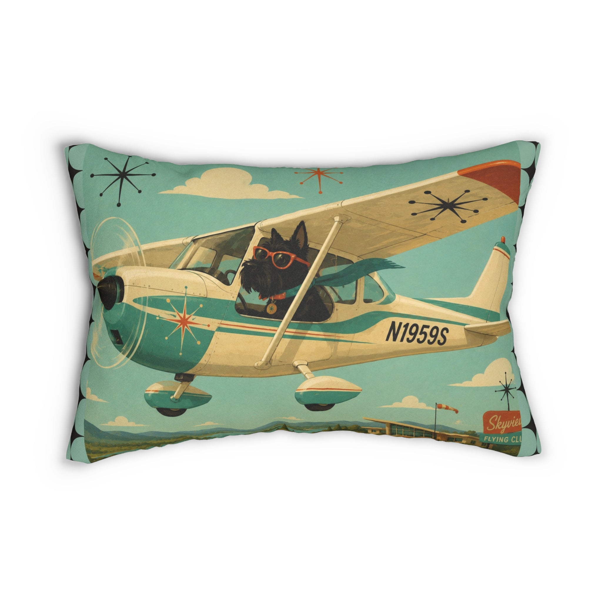 Retro Pilot Scotty dog lumbar pillow | airplane illustration, teal mid-century design