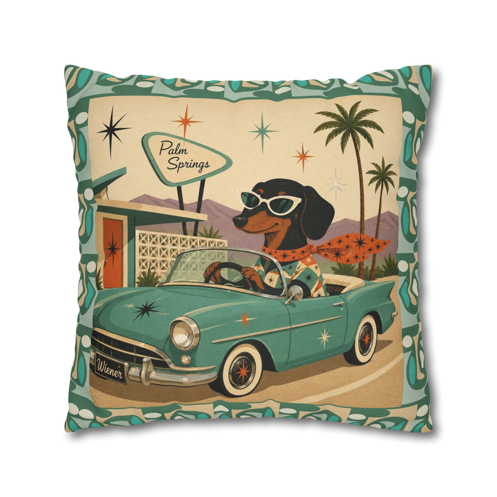 Retro Dachshund Driving Convertible Pillowcase | Palm Springs Vintage Car - COVER ONLY
