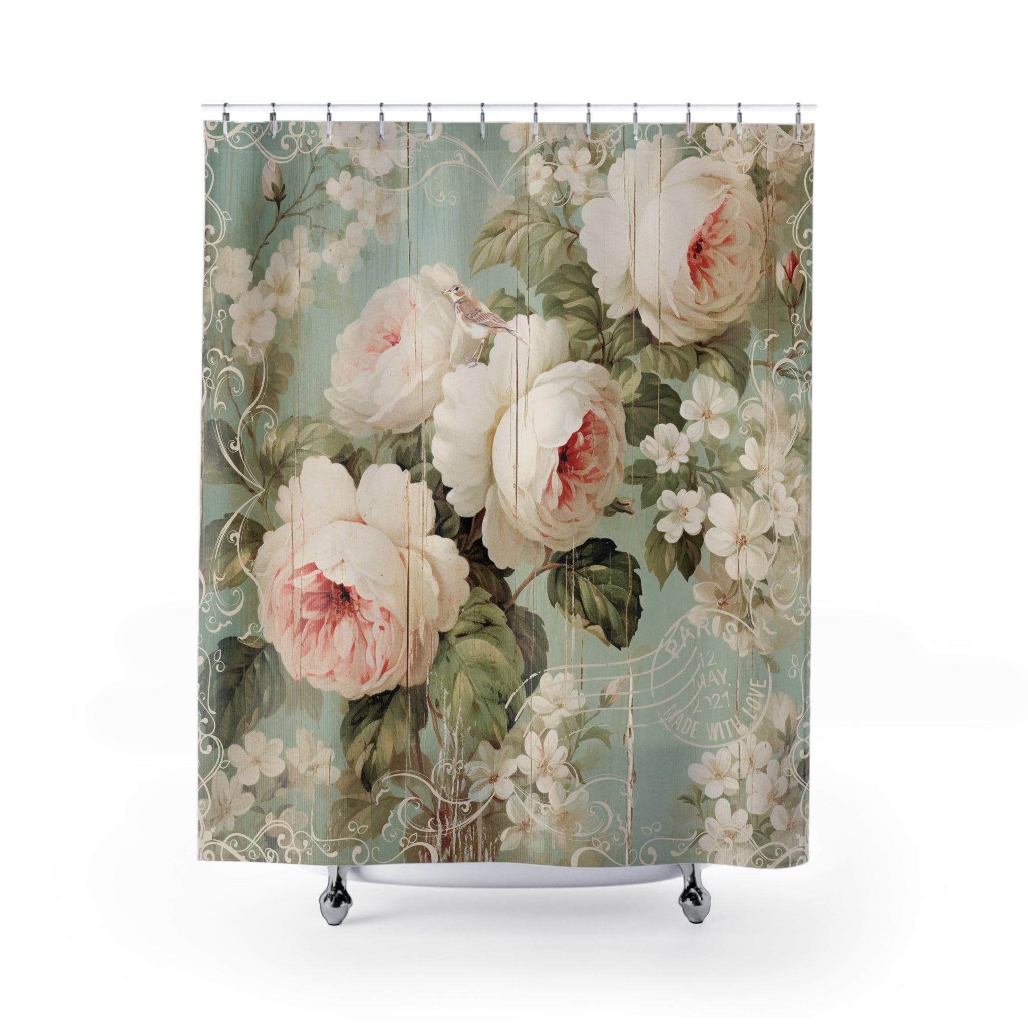 Large pink roses shabby chic style Shower Curtain, bathroom decor, French vintage inspired, country cottage, farmhouse