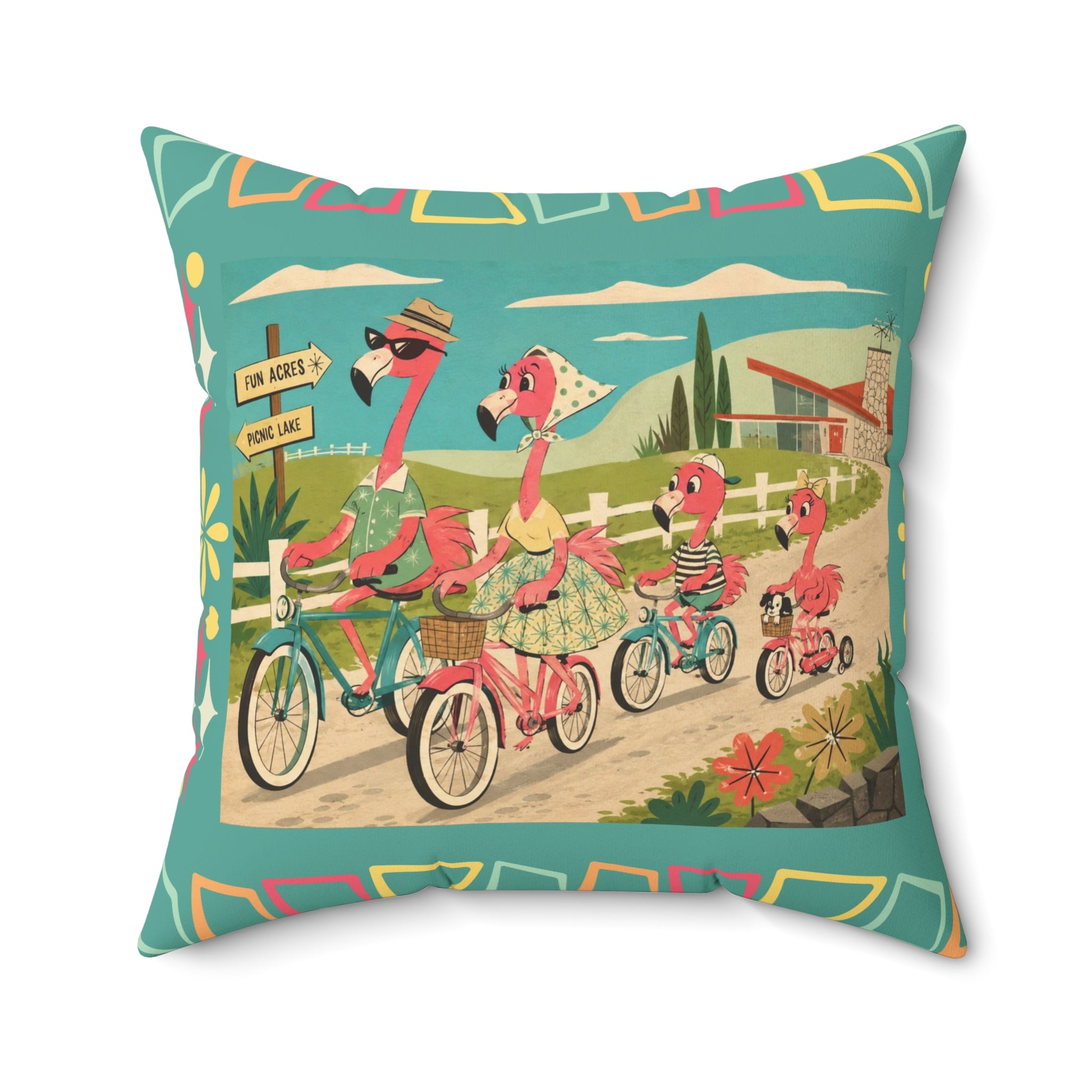 MCM Flamingo Family Biking Spun Polyester Pillow | Retro Tropical Bicycle Scene