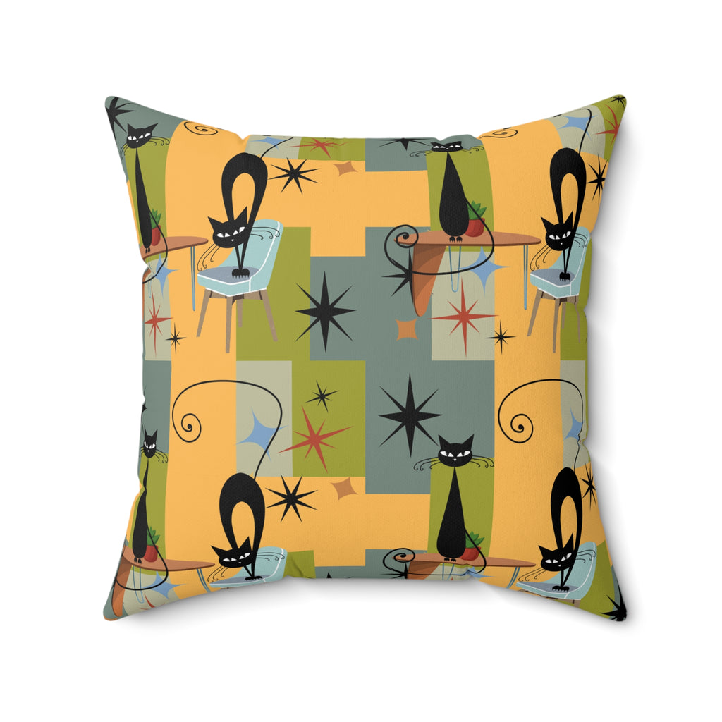 Mid-Century Black Cat Decorative Pillow — Retro Starburst Pattern