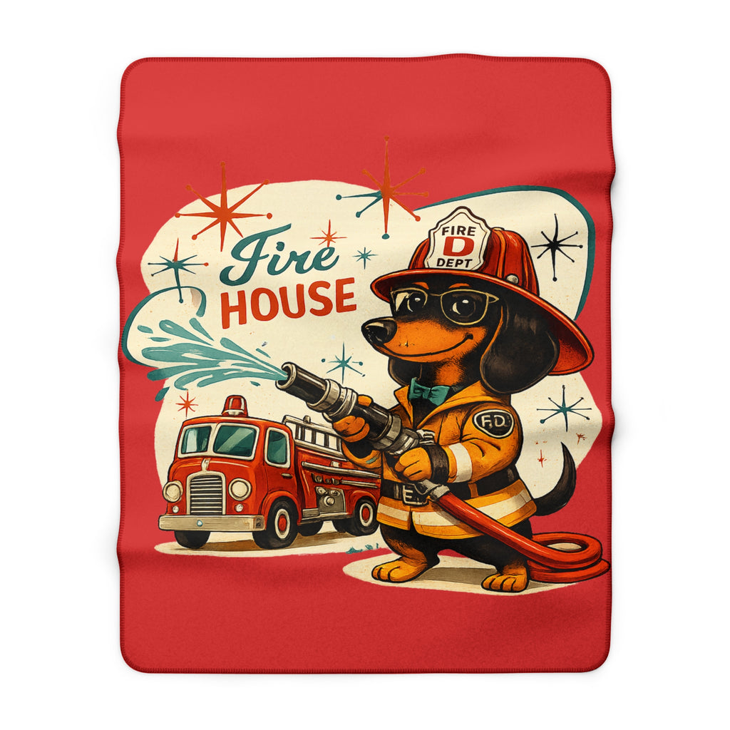 MCM Dachshund Firefighter Illustration Sherpa Blanket | Firehouse Dog Throw