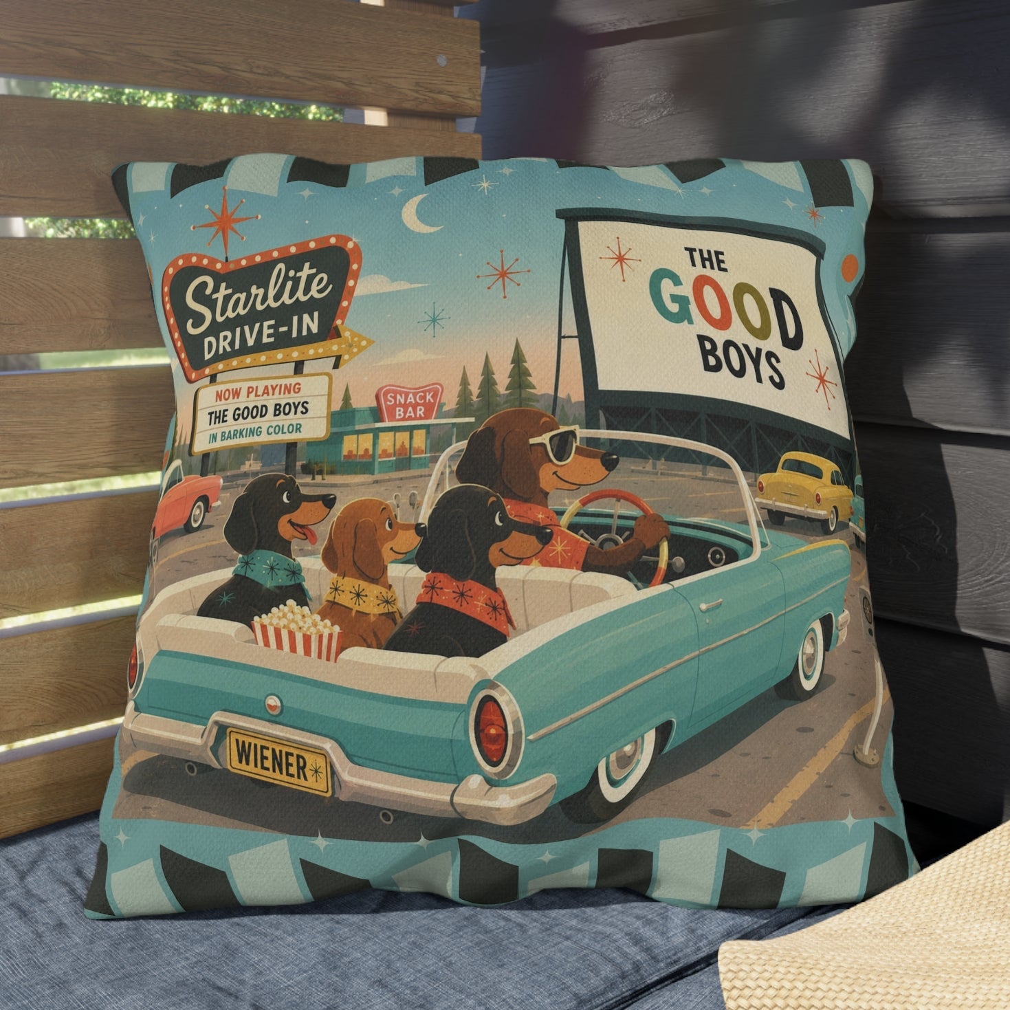MCM Dachshund Drive-In Dogs Retro Art Outdoor Pillow | Vintage Movie Night