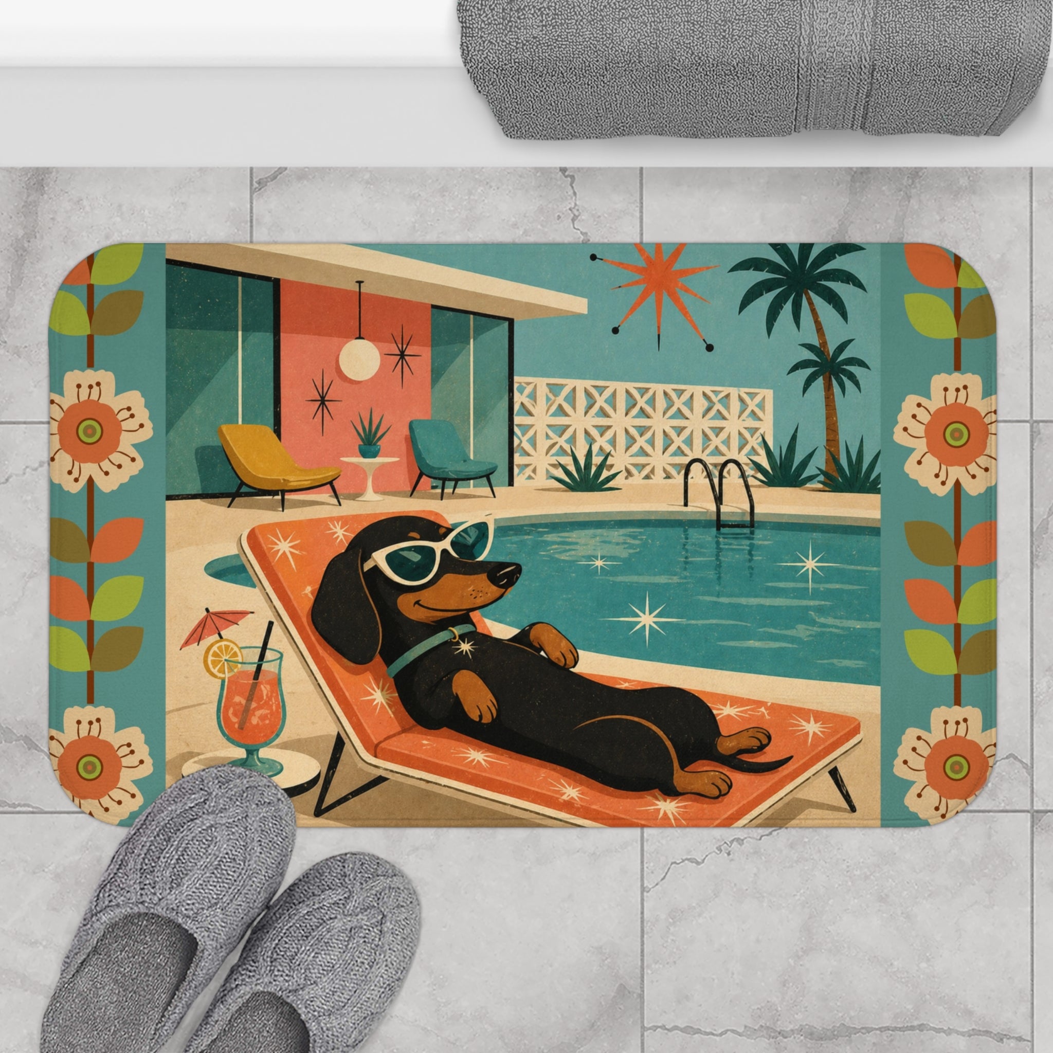 Dachshund Poolside Retro Illustration Bath Mat | Mid Century Tropical Vibe