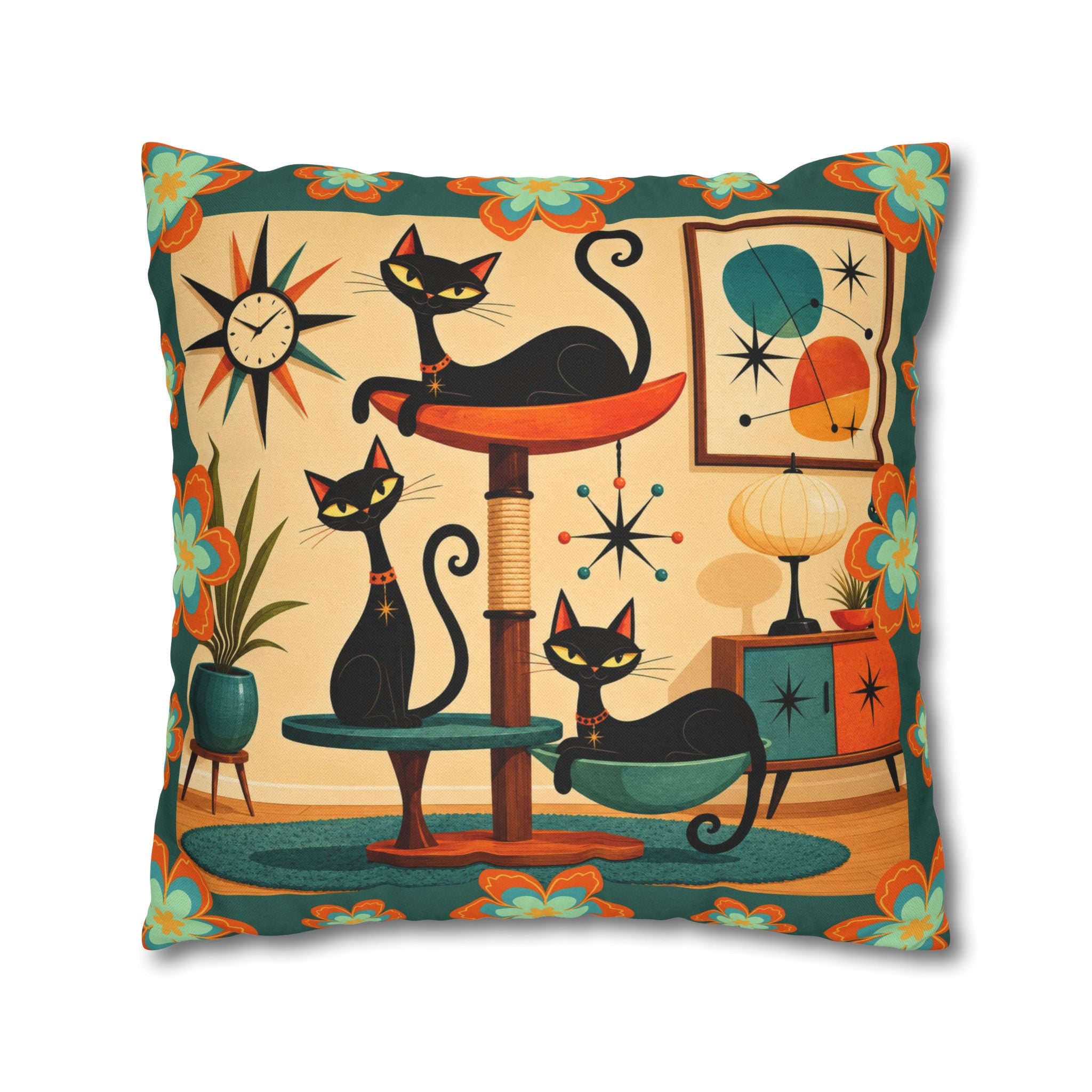 Retro Mid Century Atomic Cats pillowcase | Square Pillowcase - COVER ONLY