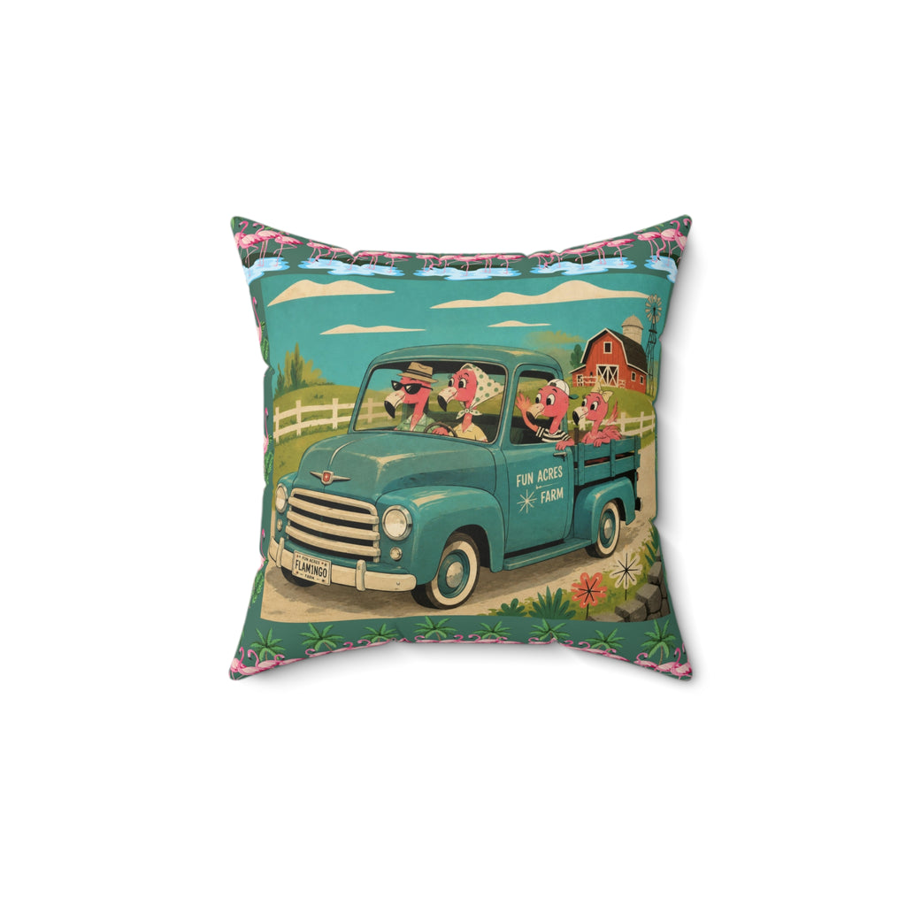 MCM Pink Flamingo Vintage Farm Truck Pillow | Retro Pickup with Farm Animals