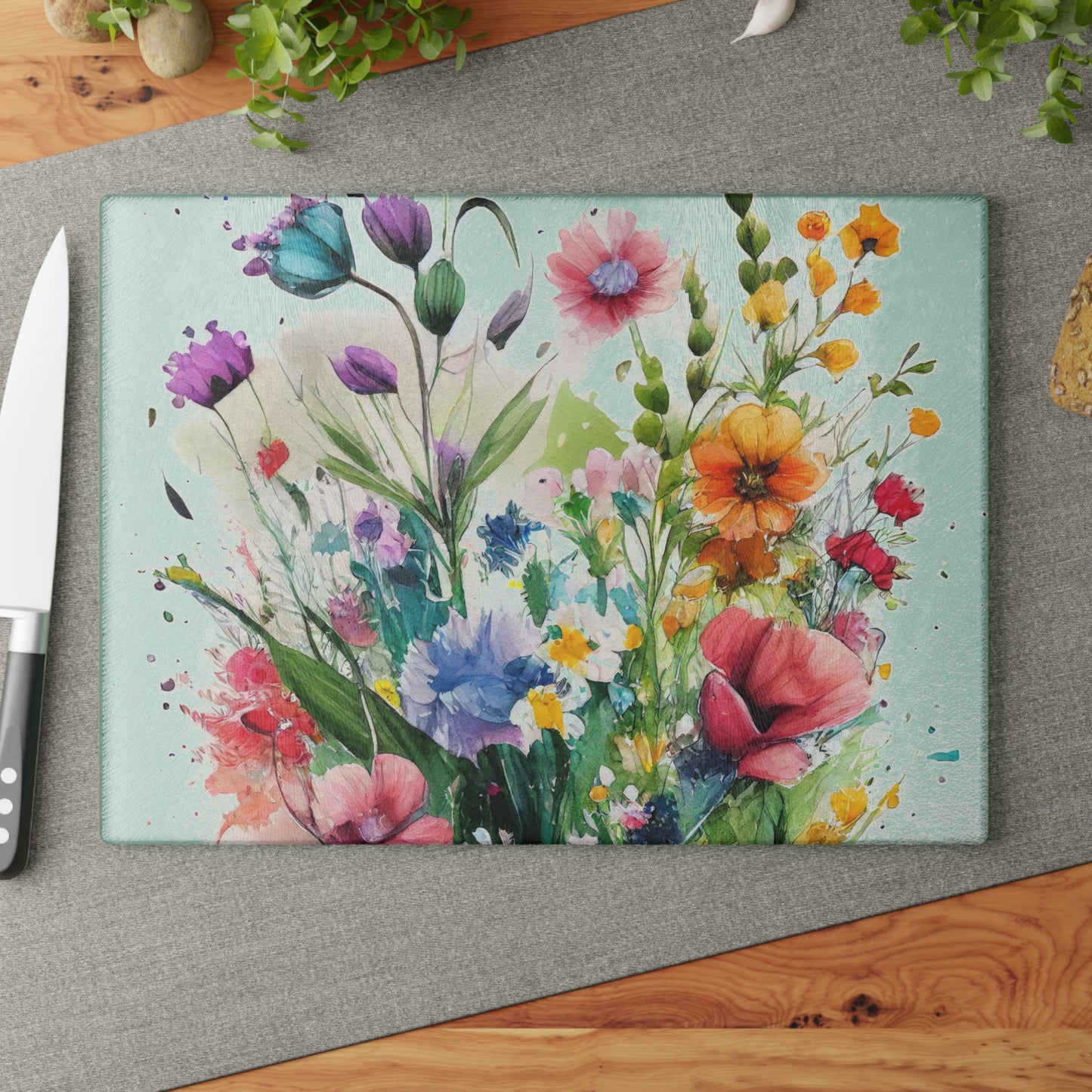 Glass Cutting Board, wildflower tempered glass, cheese board, bread, serving, flower garden, chopping board