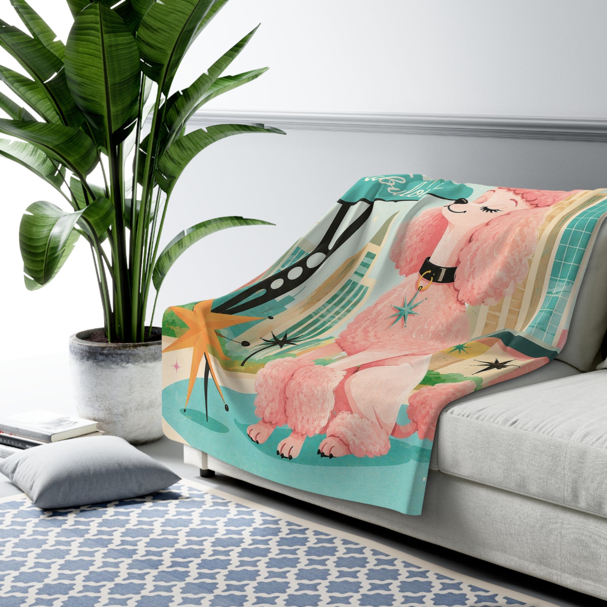 Retro Fabulous Pink Poodle Sherpa Blanket | Mid Century Cityscape