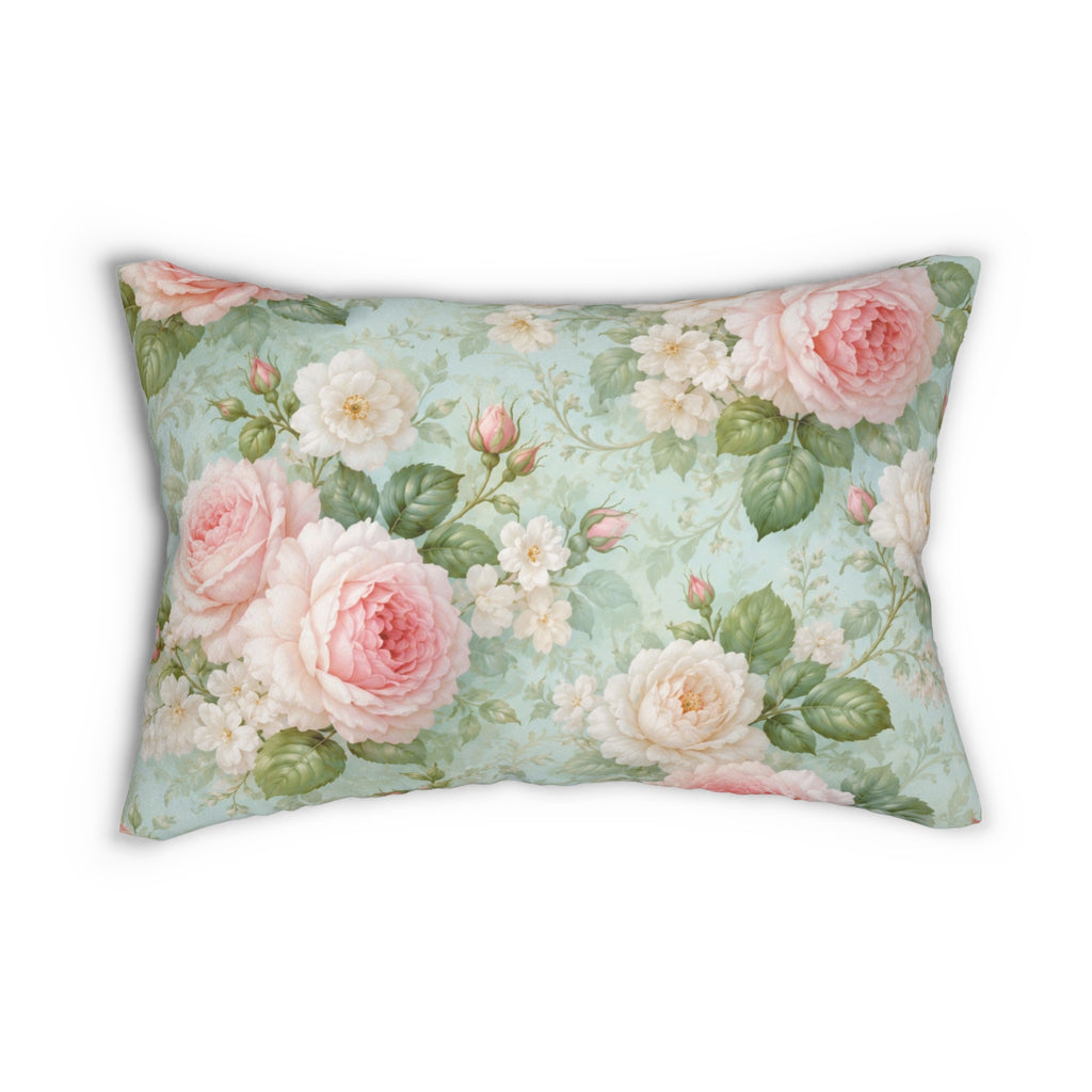 Vintage Rose Floral Lumbar Pillow | Shabby Chic Pink Roses on Mint