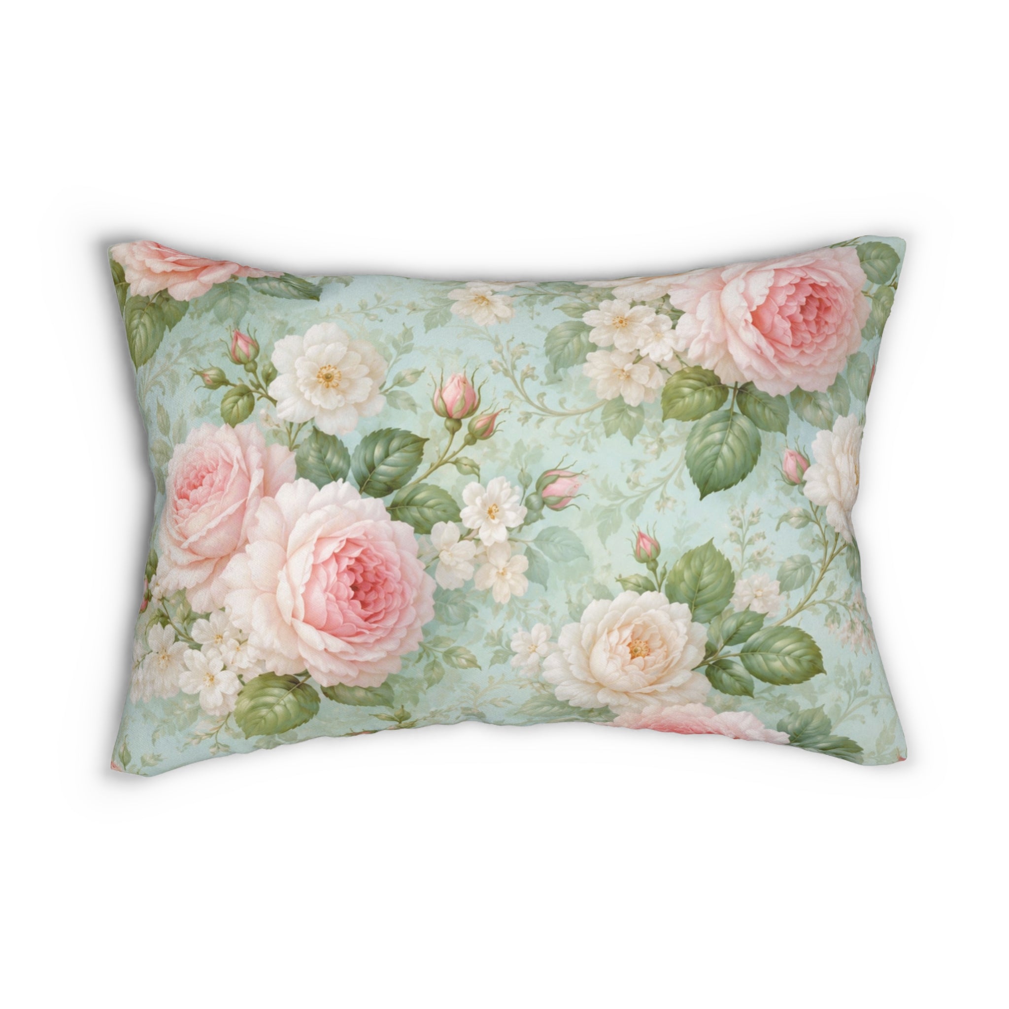 Vintage Rose Floral Lumbar Pillow | Shabby Chic Pink Roses on Mint