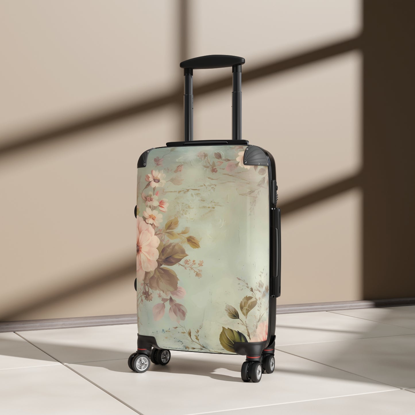 Boho shabby chic style Suitcase on wheels, carry on luggage, travel luggage, cute floral suitcases, durable hard shell, lockable case