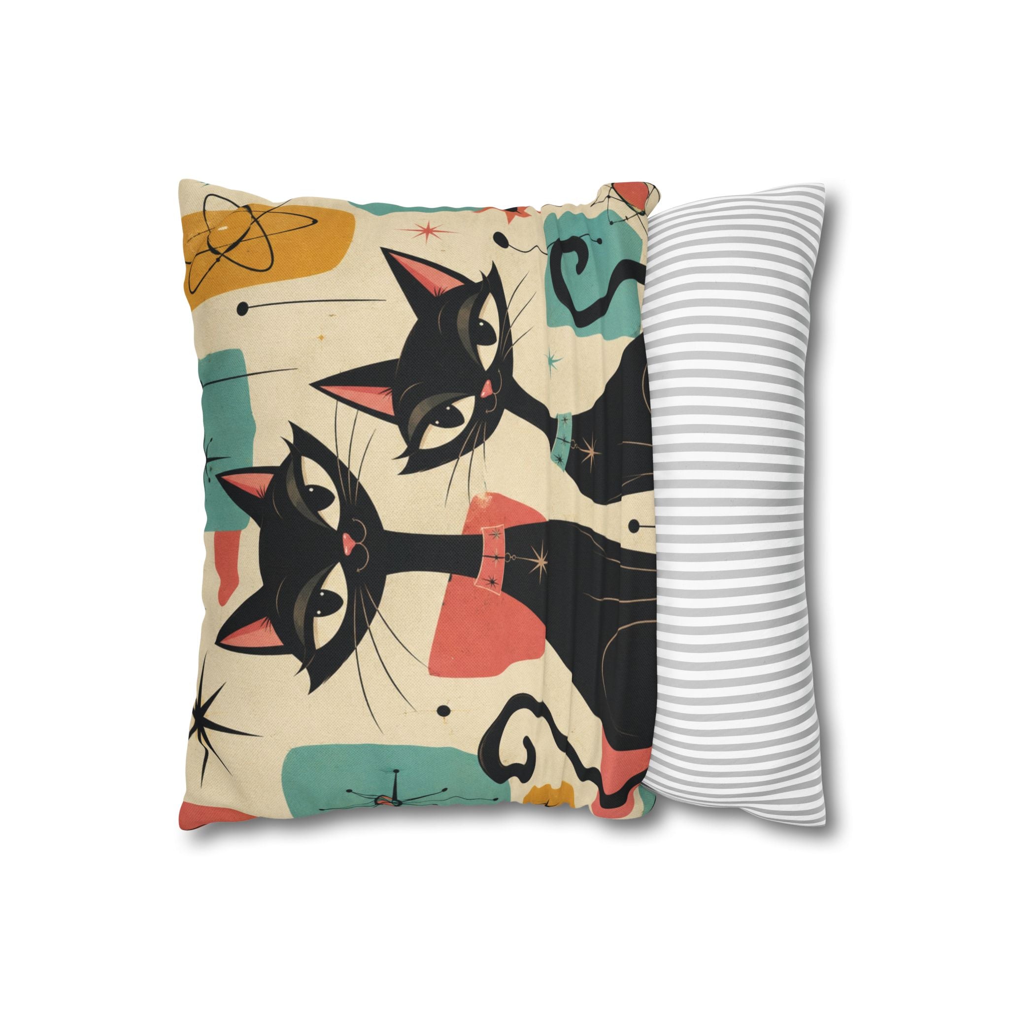 Mid Century Retro Atomic Black Cats Pillowcase | Spun Polyester Square Pillowcase - COVER ONLY