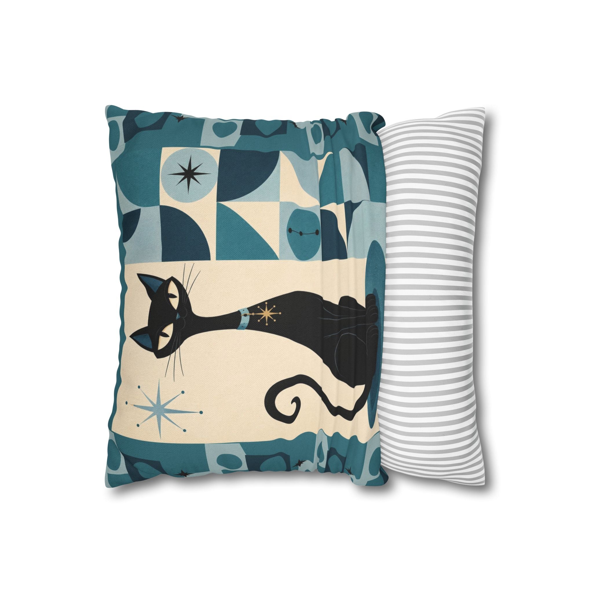 Mid Century Atomic Black Cat Pillowcase | Square Pillowcase, Retro Geometric Cat - COVER ONLY