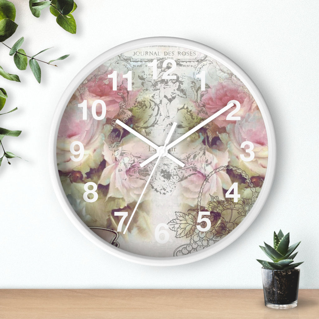 Shabby chic, pink roses, floral Wall clock