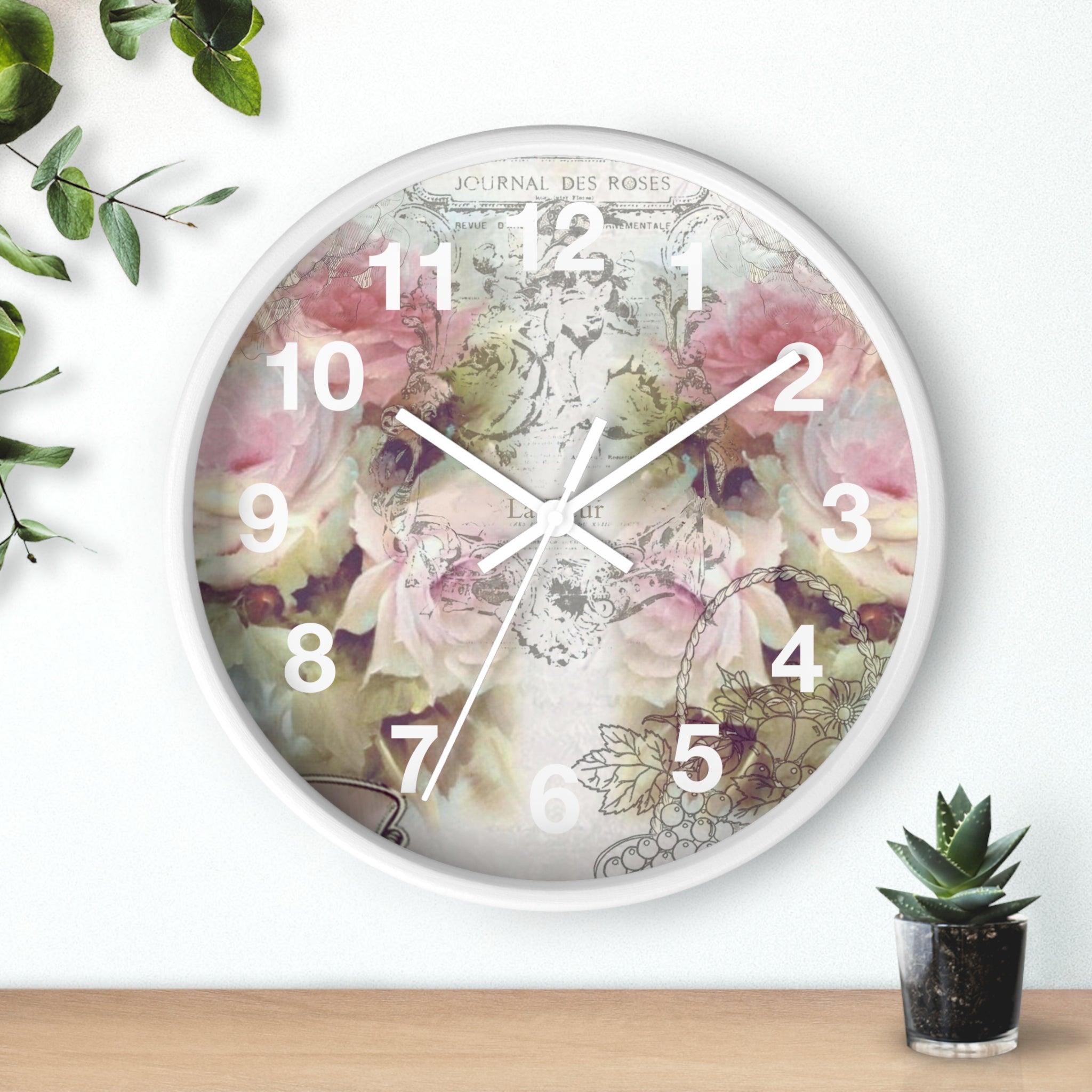 Shabby chic, pink roses, floral Wall clock