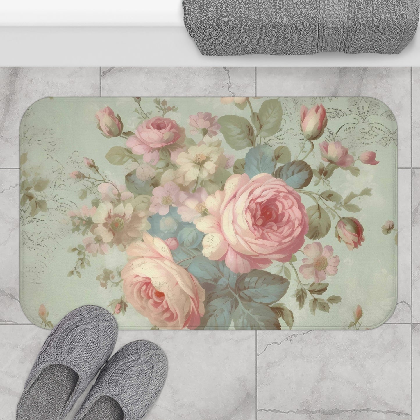 Bold pink roses shabby chic Bath Mat, vintage inspired, country cottage, farmhouse decor