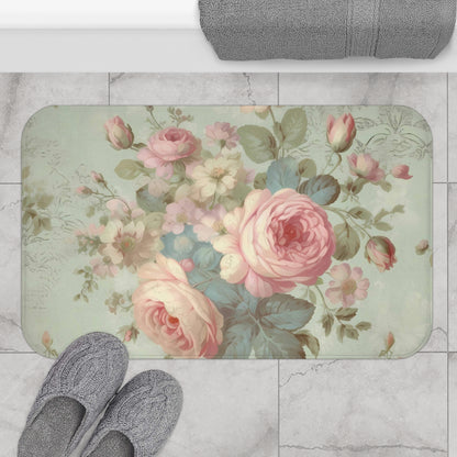 Bold pink roses shabby chic Bath Mat, vintage inspired, country cottage, farmhouse decor