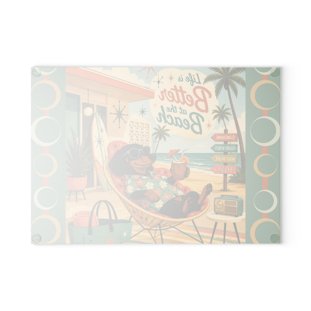 Life Is Better at the Beach Dachshund Glass Cutting Board | Retro Beach Scene