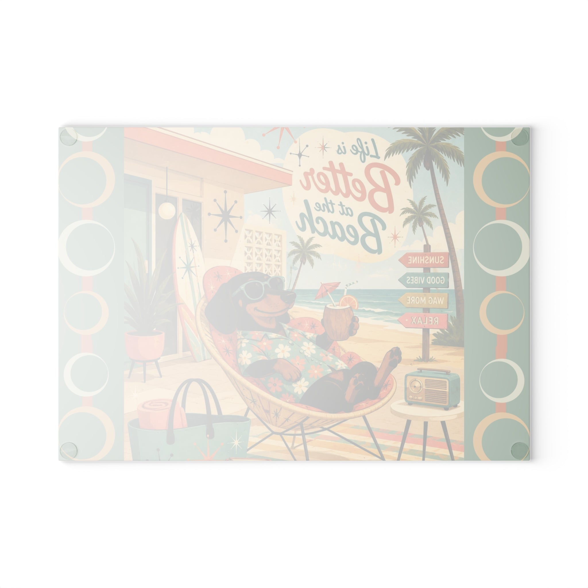 Life Is Better at the Beach Dachshund Glass Cutting Board | Retro Beach Scene