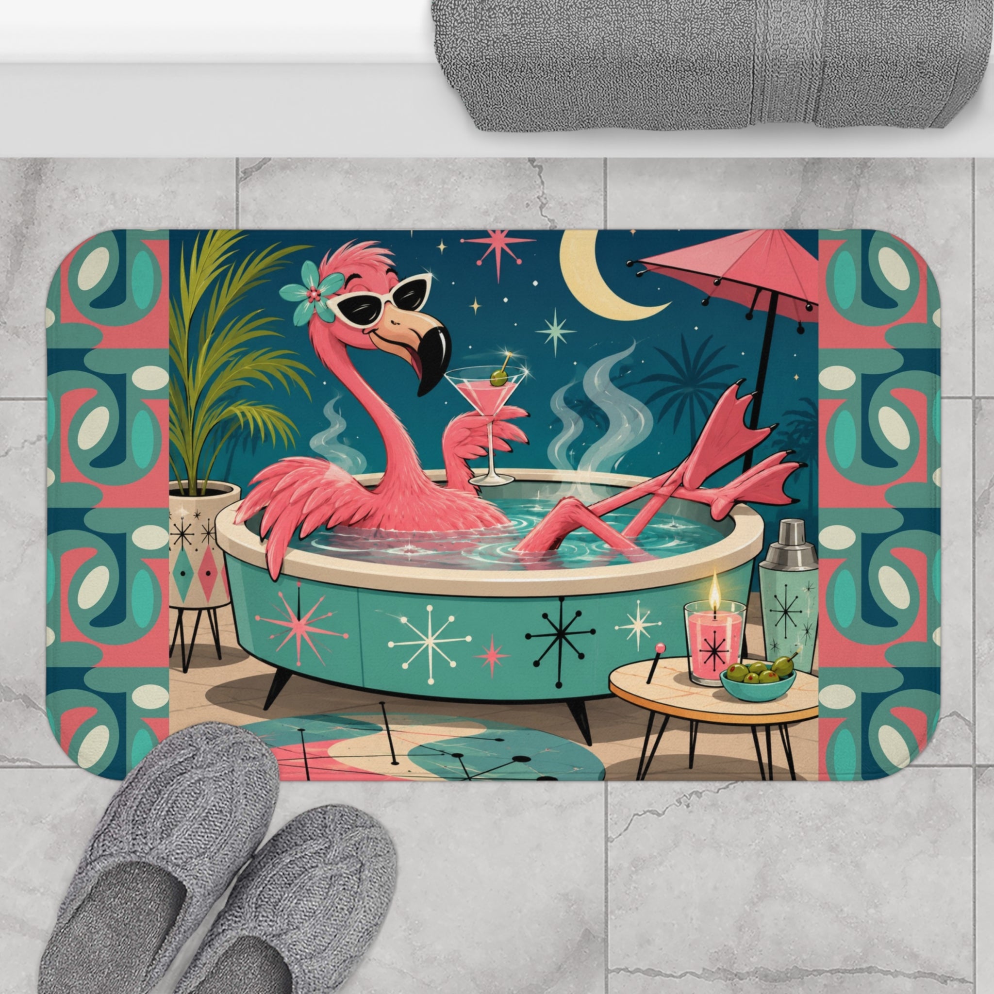 Retro Flamingo Pool Art Bath Mat | Mid Century Tiki Tropical Bath Rug