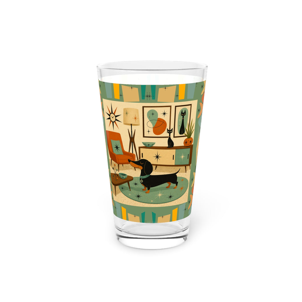 Mid Century Living Room Dachshund Pint Glass | 16oz - Retro kitchen and barware