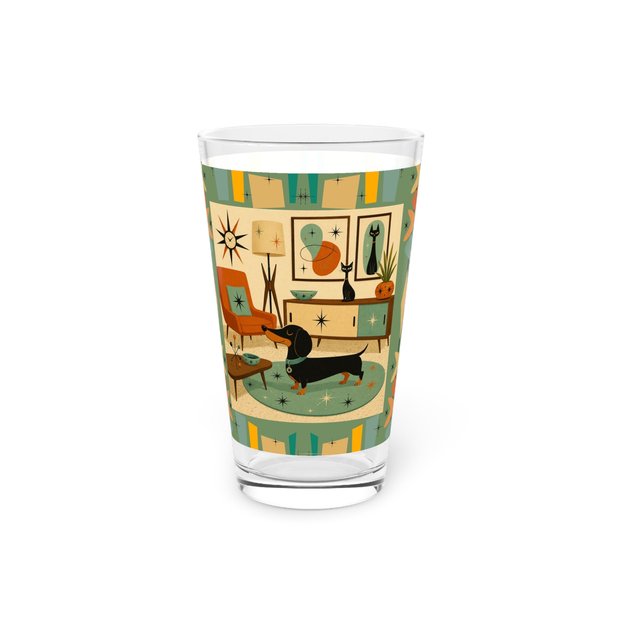 Mid Century Living Room Dachshund Pint Glass | 16oz - Retro kitchen and barware