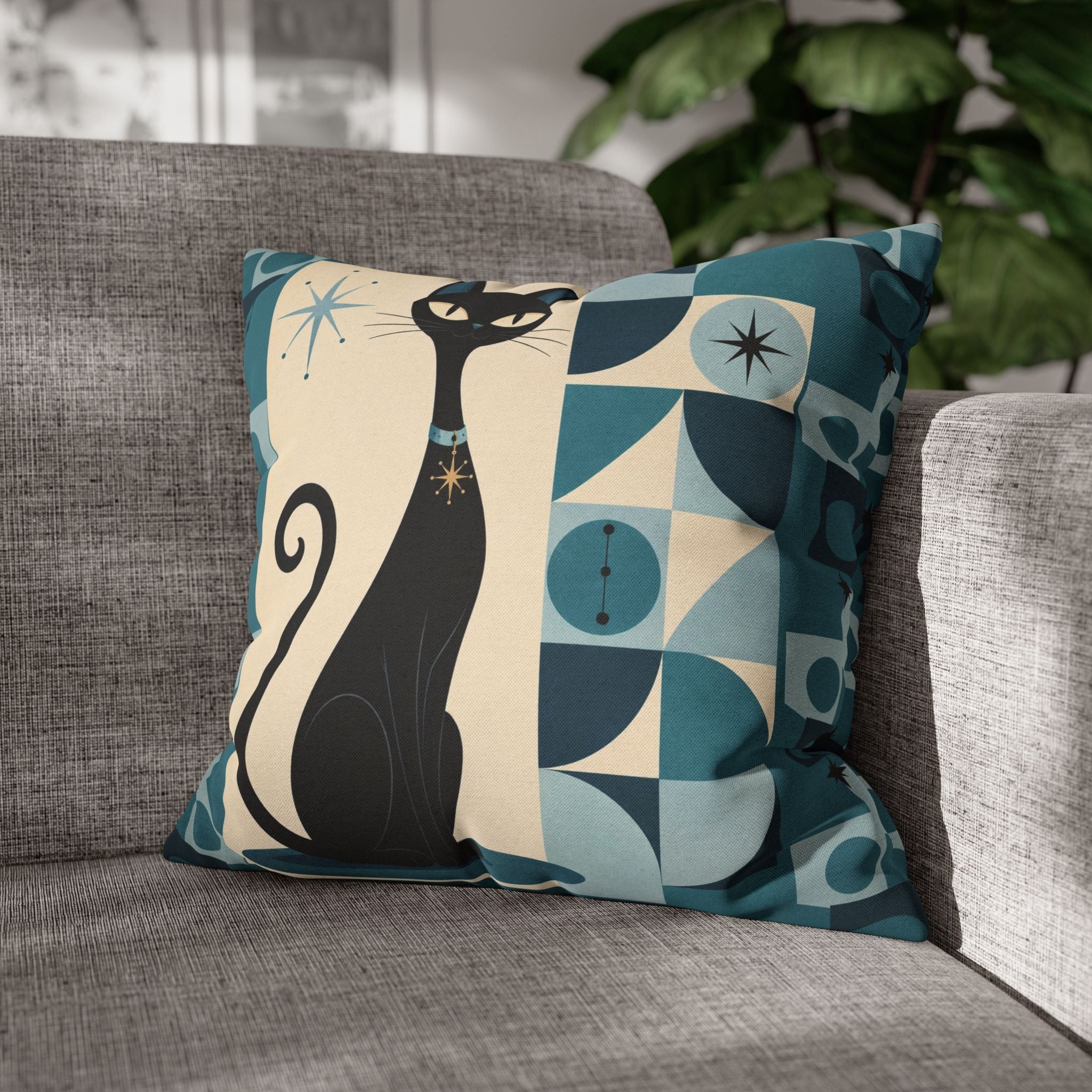 Mid Century Atomic Black Cat Pillowcase | Square Pillowcase, Retro Geometric Cat - COVER ONLY