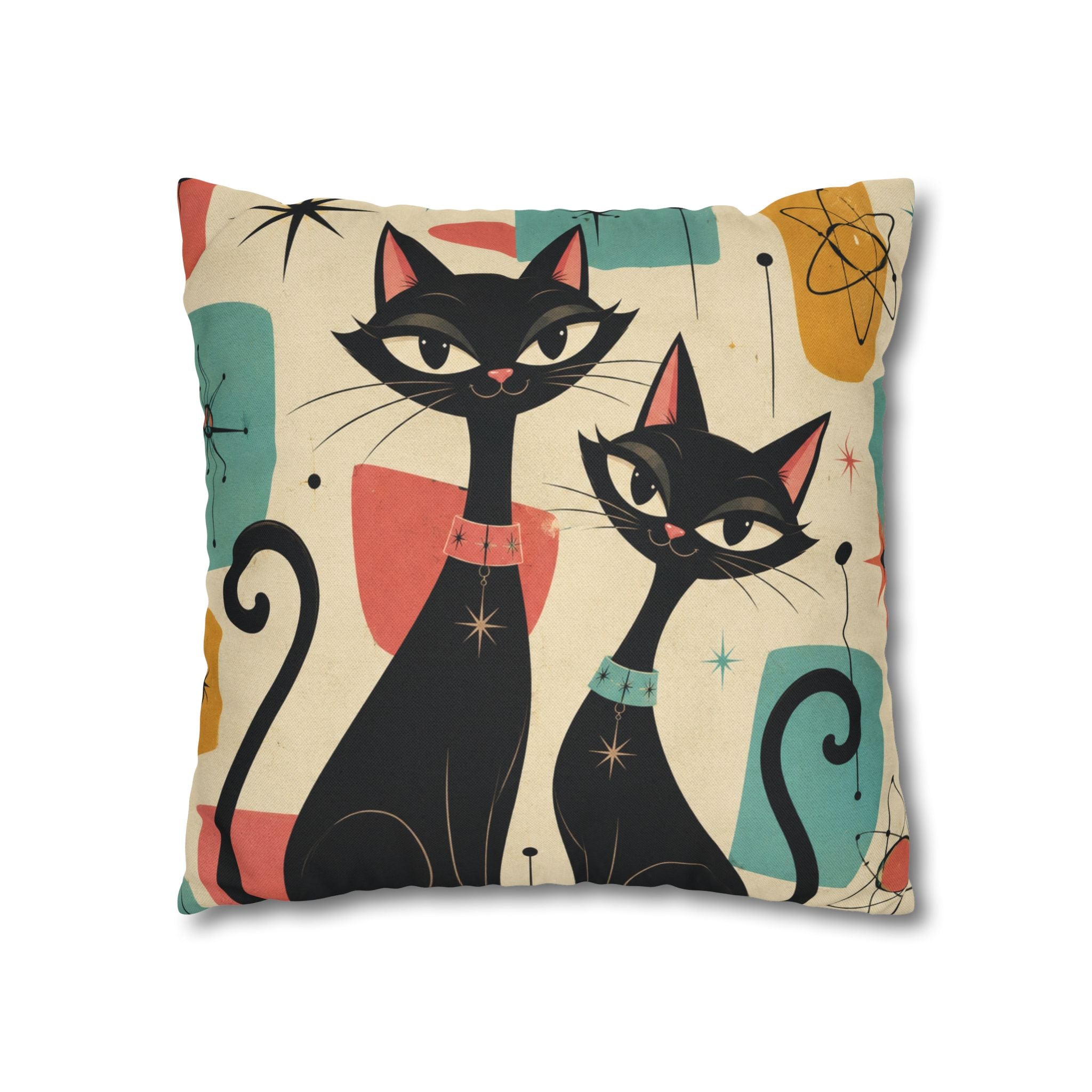 Mid Century Retro Atomic Black Cats Pillowcase | Spun Polyester Square Pillowcase - COVER ONLY