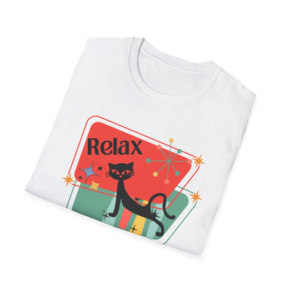 Atomic cat "Relax"retro Unisex Softstyle T-Shirt, mid century modern, black cat lover gift, cute cat shirt, yoga shirt, holiday shirt