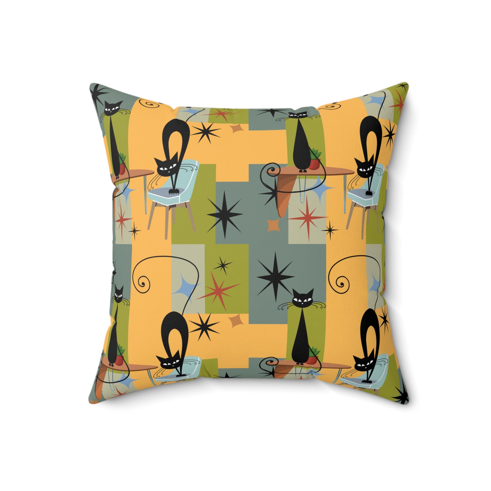 Mid-Century Black Cat Decorative Pillow — Retro Starburst Pattern