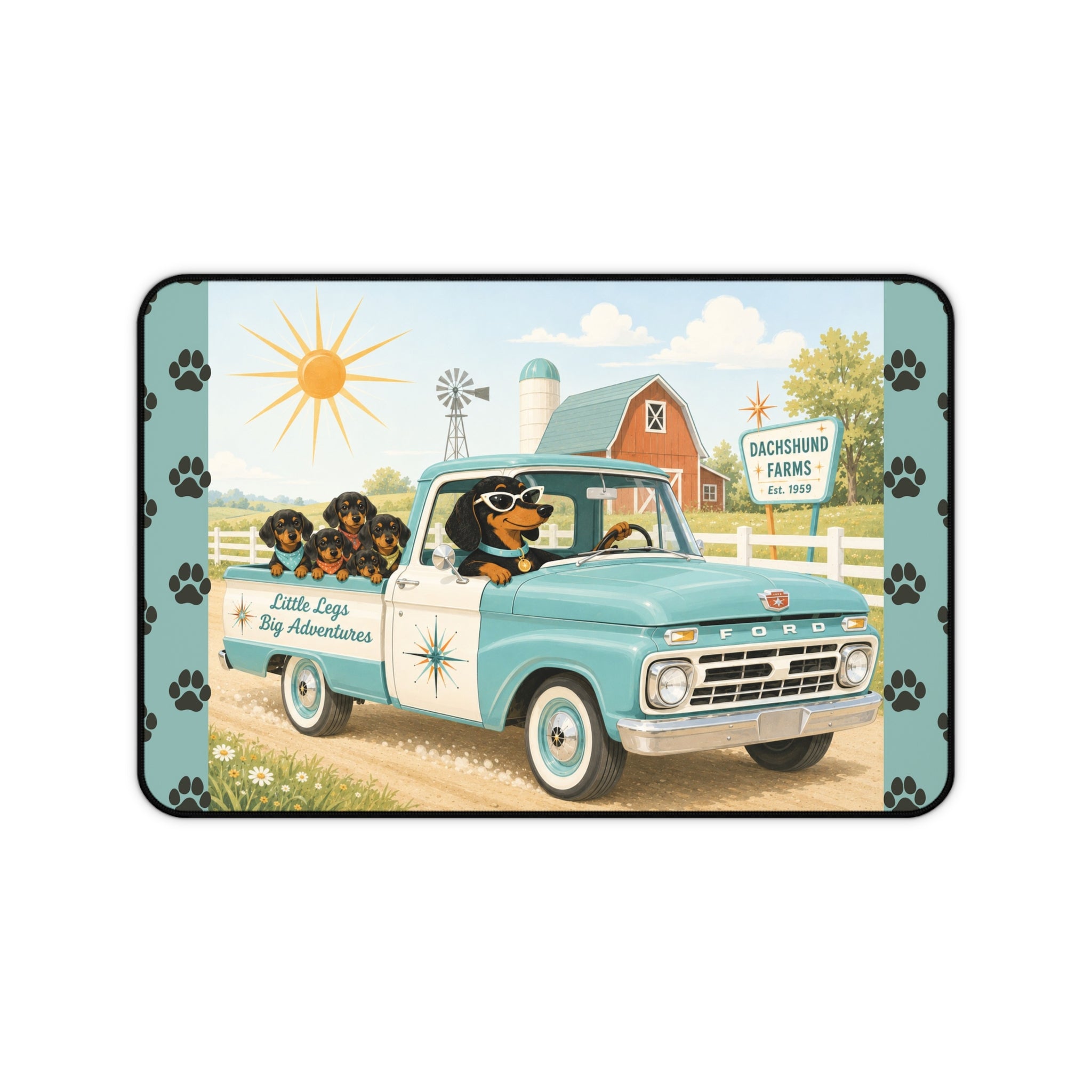 MCM Dachshund Farm Truck Desk Mat | Retro Puppy Road Trip Mouse Pad