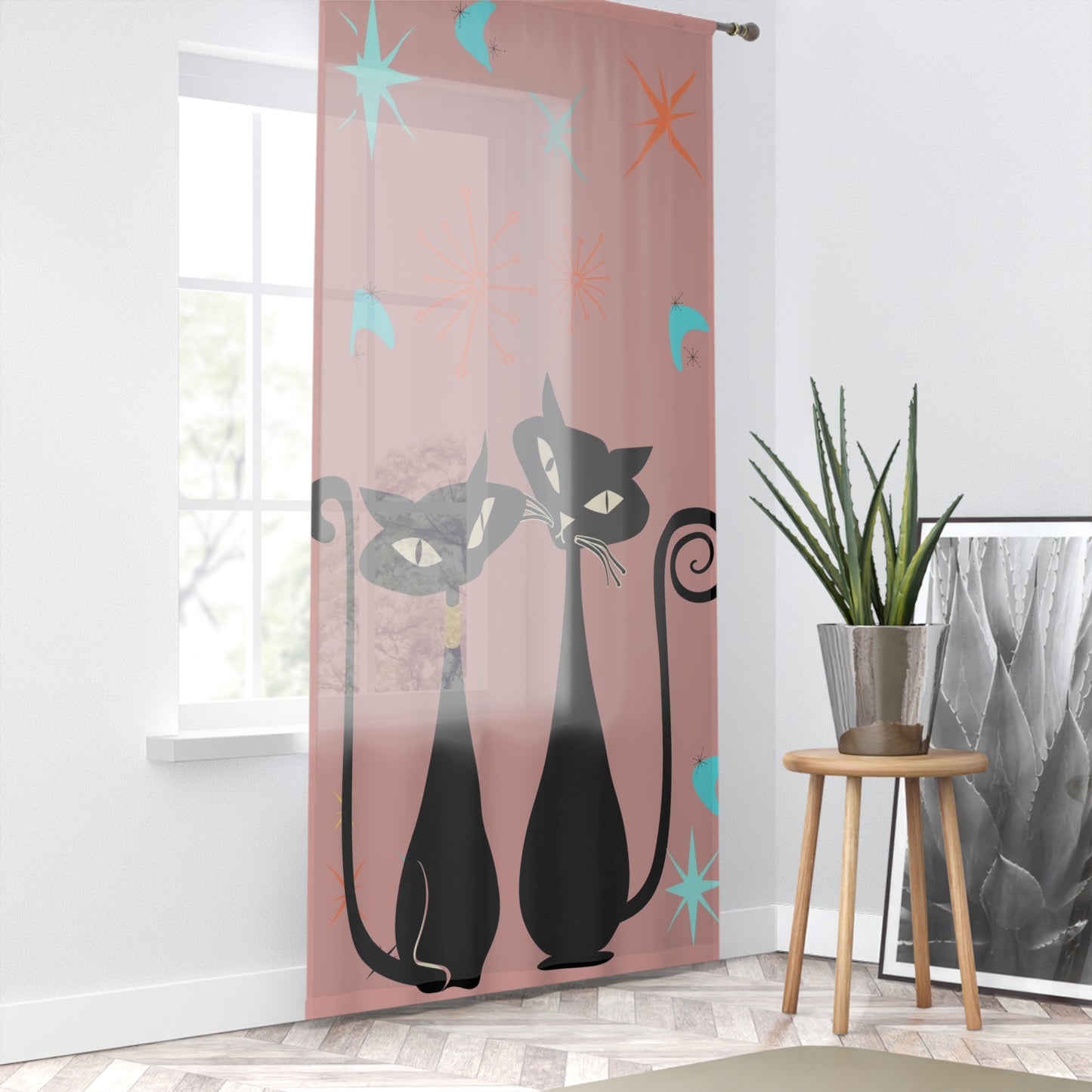 Atomic cat mid century modern Window Curtain, pink living room, bedroom sheer curtain, retro vintage inspired, mcm home decor