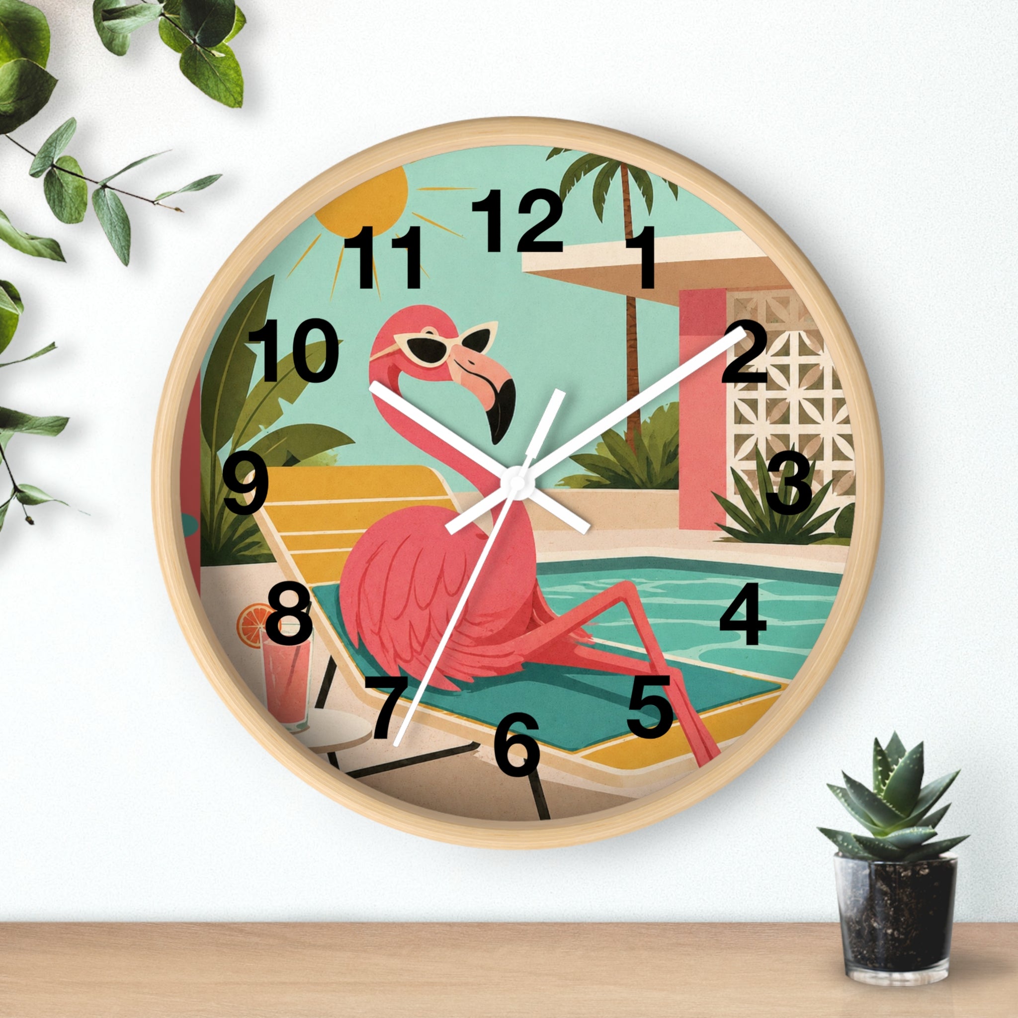 Retro Flamingo Poolside Wall Clock | Mid Century Tropical Illustration