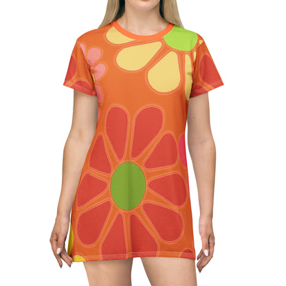 Orange Groovy retro party T-Shirt Dress, summer beach, picnic dress, day casual dress