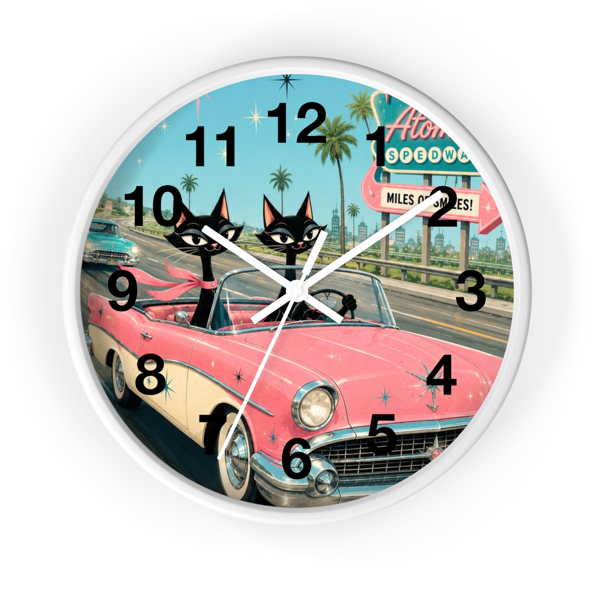 Retro Atomic Cat Roadtrip Wall Clock | Vintage Pink Convertible, Palm Trees