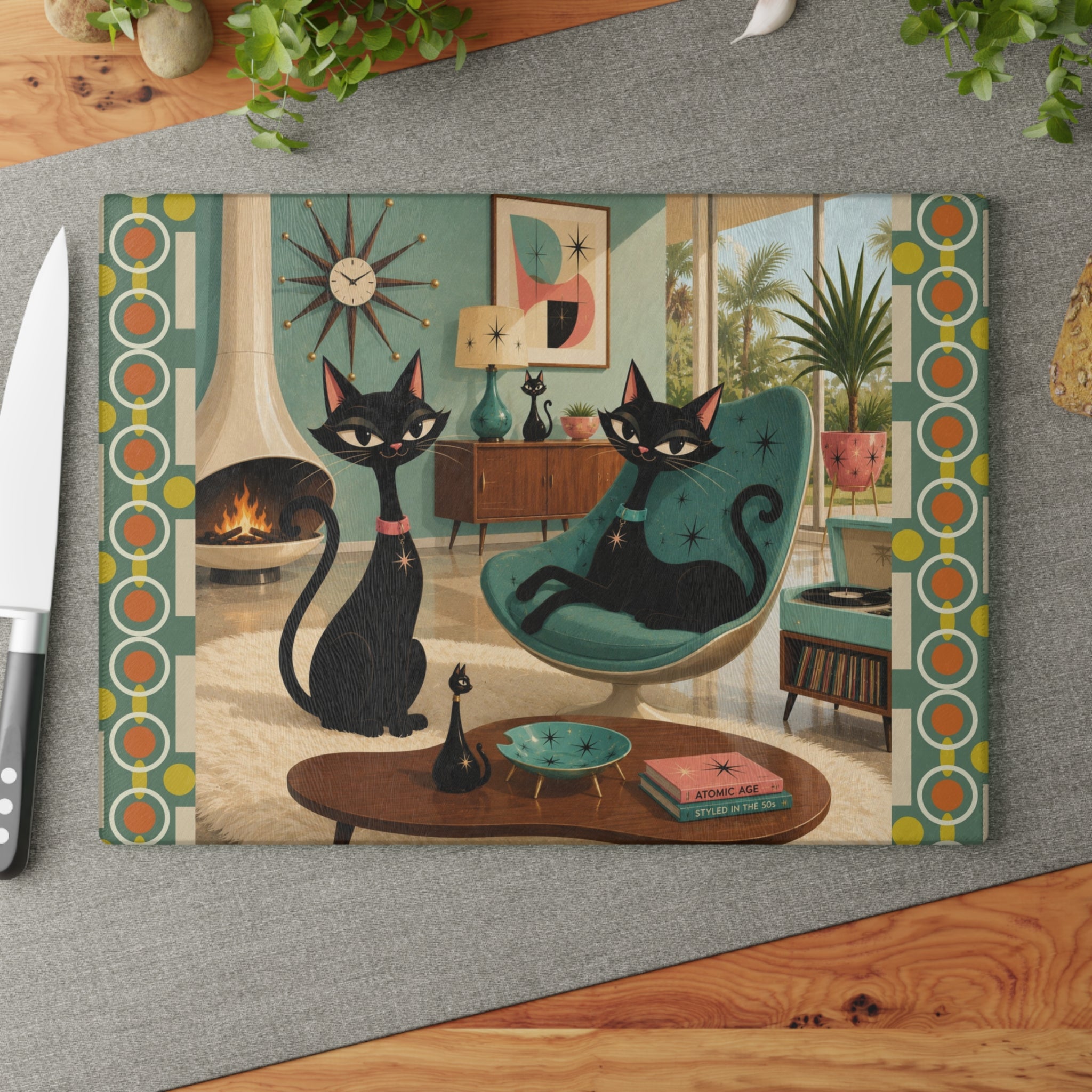 Mid Century Black Atomic Cats Glass Cutting Board | Retro Living Room Art