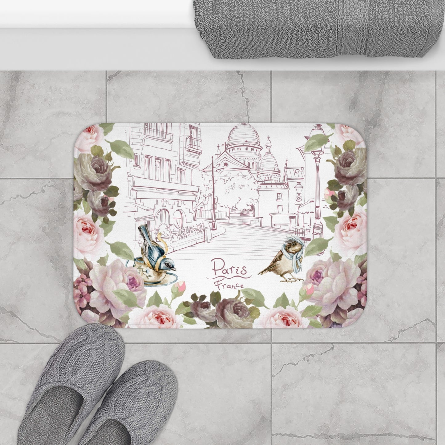 Paris France, shabby chic, beautiful flower, bathroom decor, floral Bath Mat