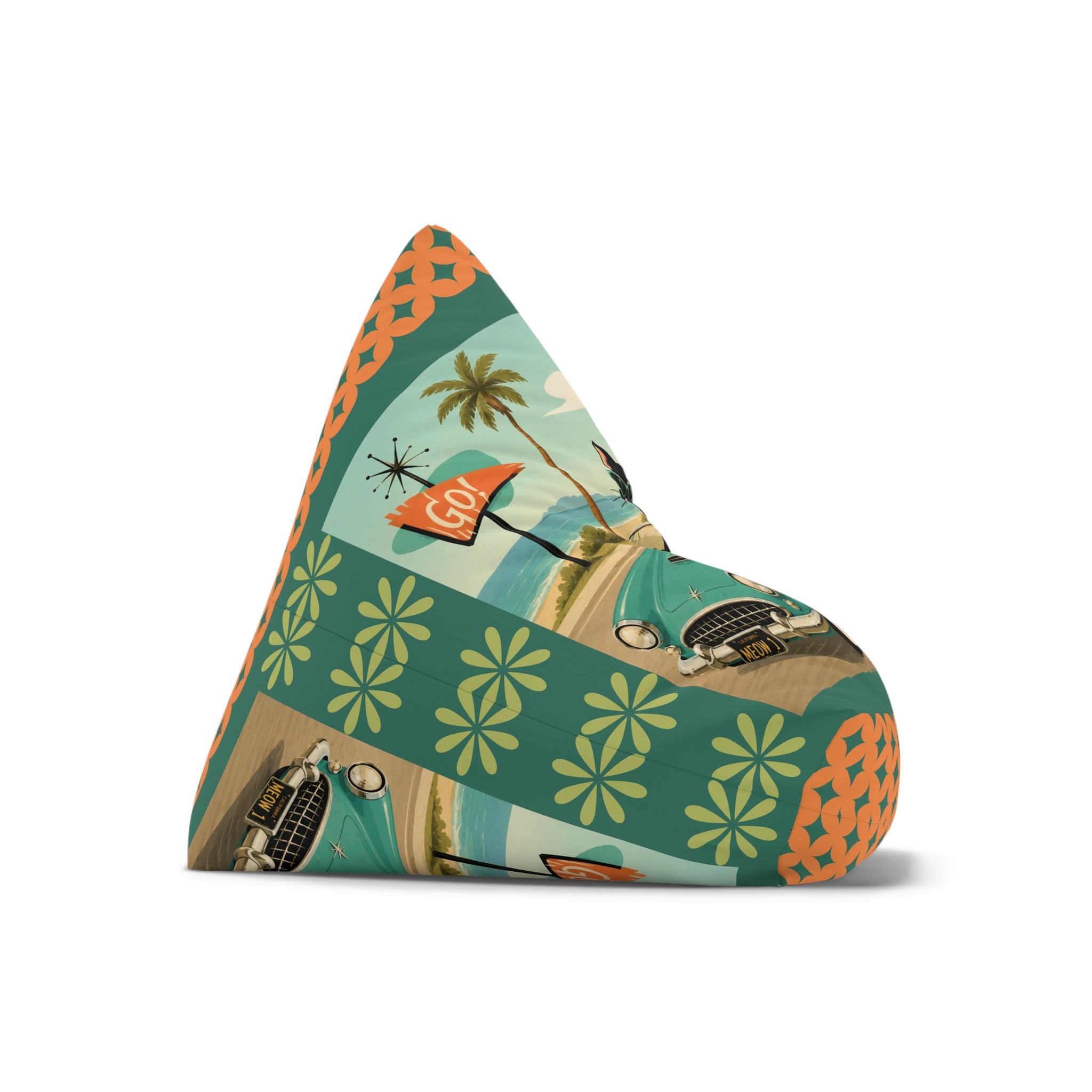 Retro Atomic Cat Road trip Bean Bag Chair Cover | Vintage Tropical Car Pattern