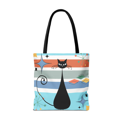 Atomic cat retro tote bag, black cat lover, mid century modern tote carry bag