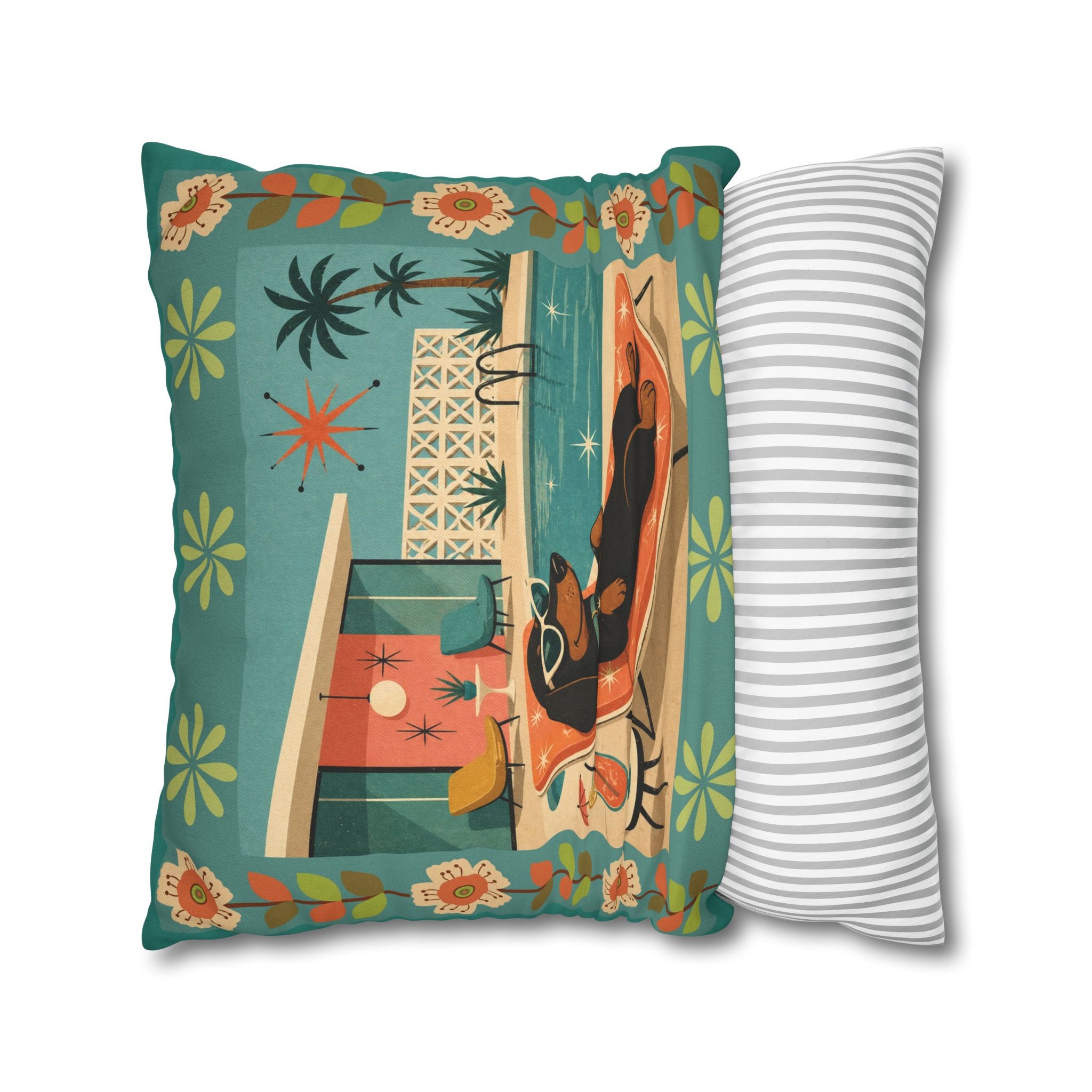 Retro Dachshund Pool Lounge Pillowcase | Square Pillowcase - COVER ONLY - Indoor Use